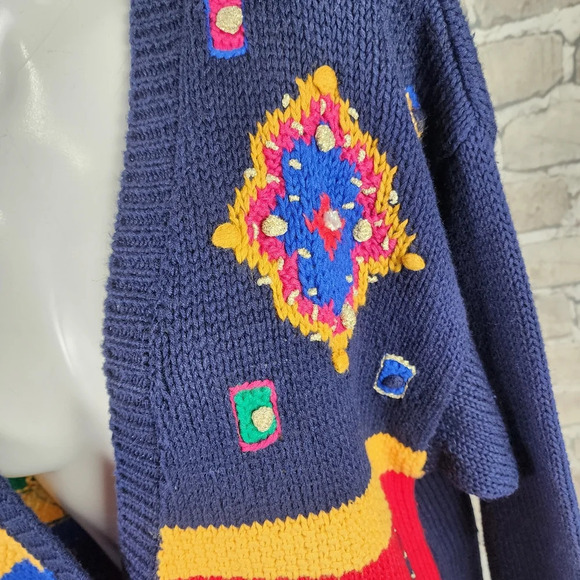 Vintage Chaus Embroidered Preppy  Cardigan Paisley Plaid Cotton Navy Size Large - Picture 9 of 14